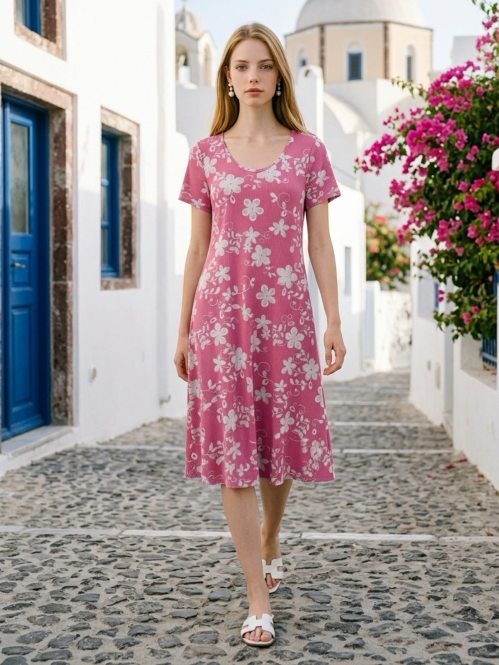 NWOT - Simply Aster Pink/White Short Sleeve Dress - Size Medium